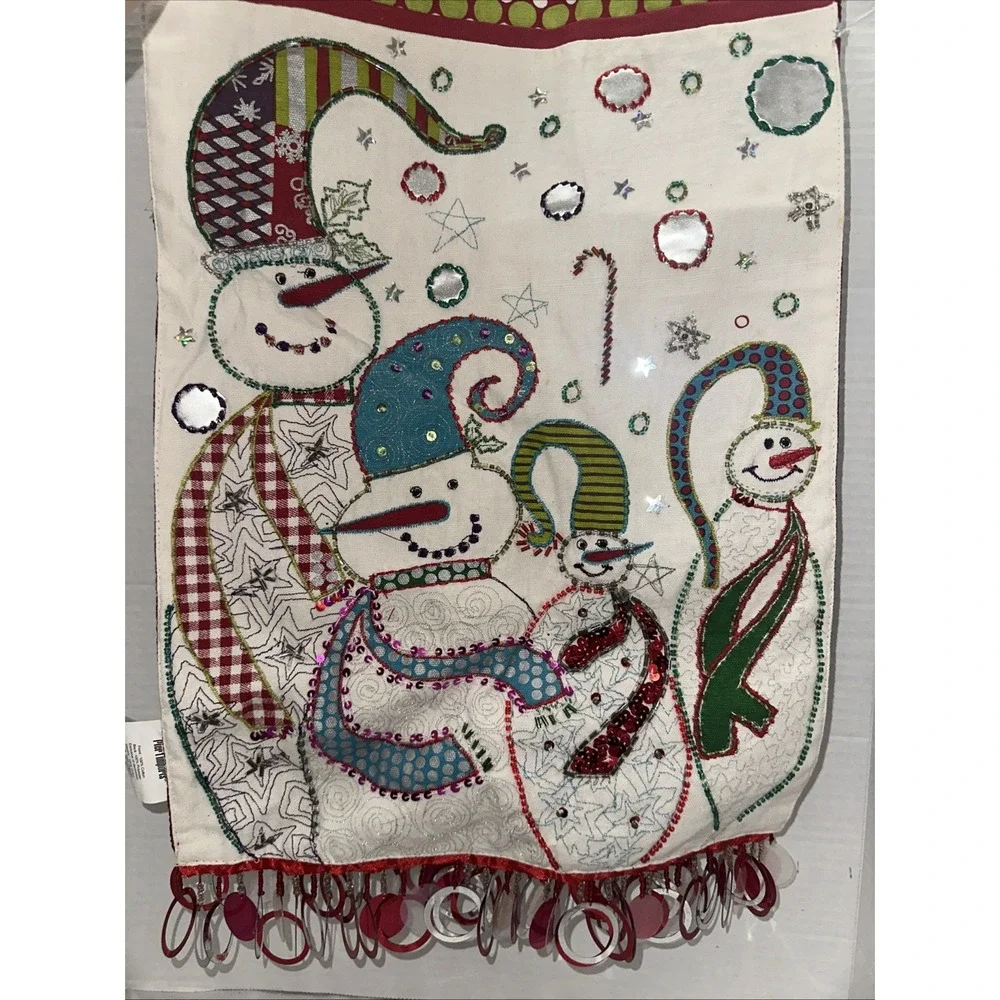 Pier 1 Imports Snowman Christmas Table Runner Embroidered Beaded Fringe 108x13